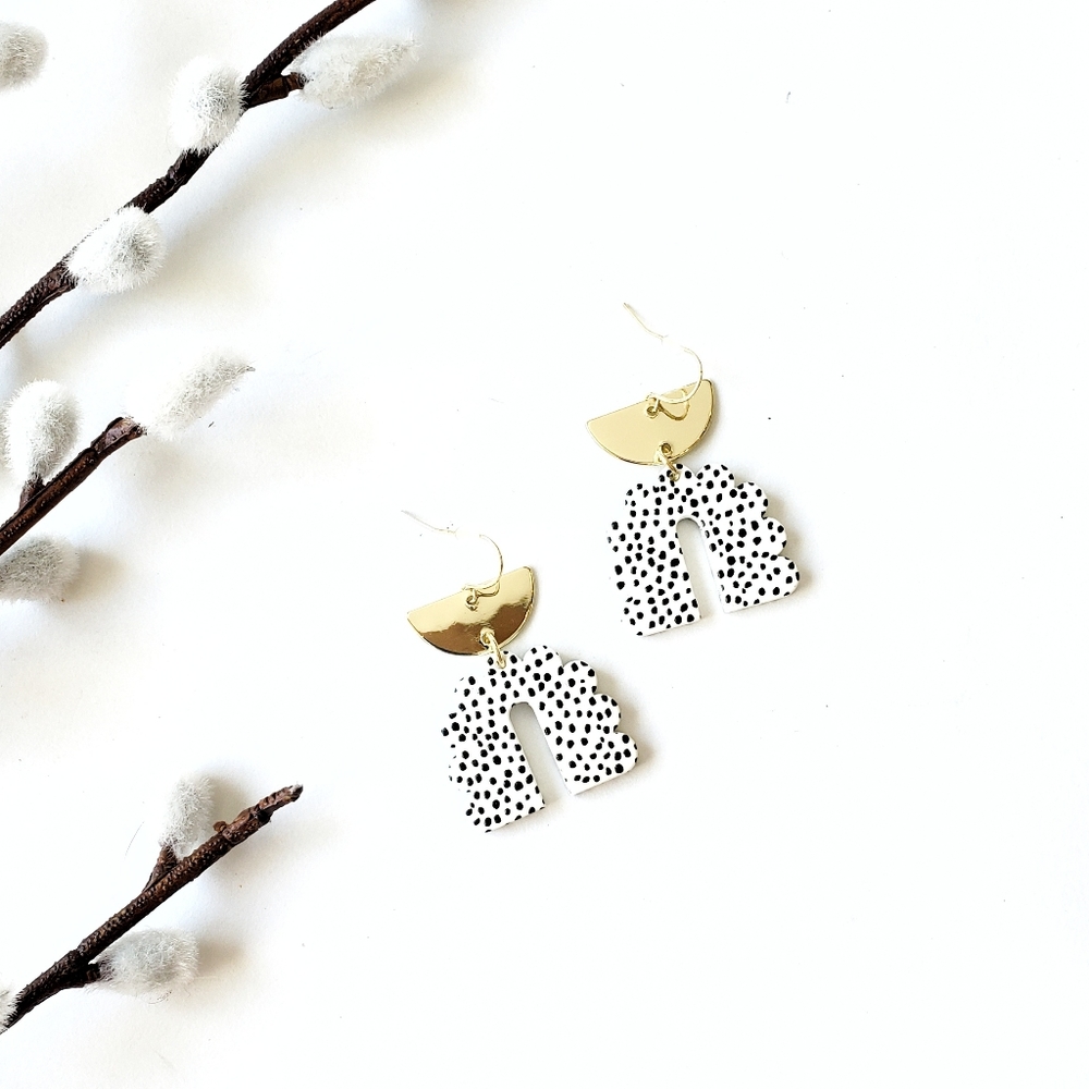 Polka Dot U Shaped Earrings - Black, White and Gold